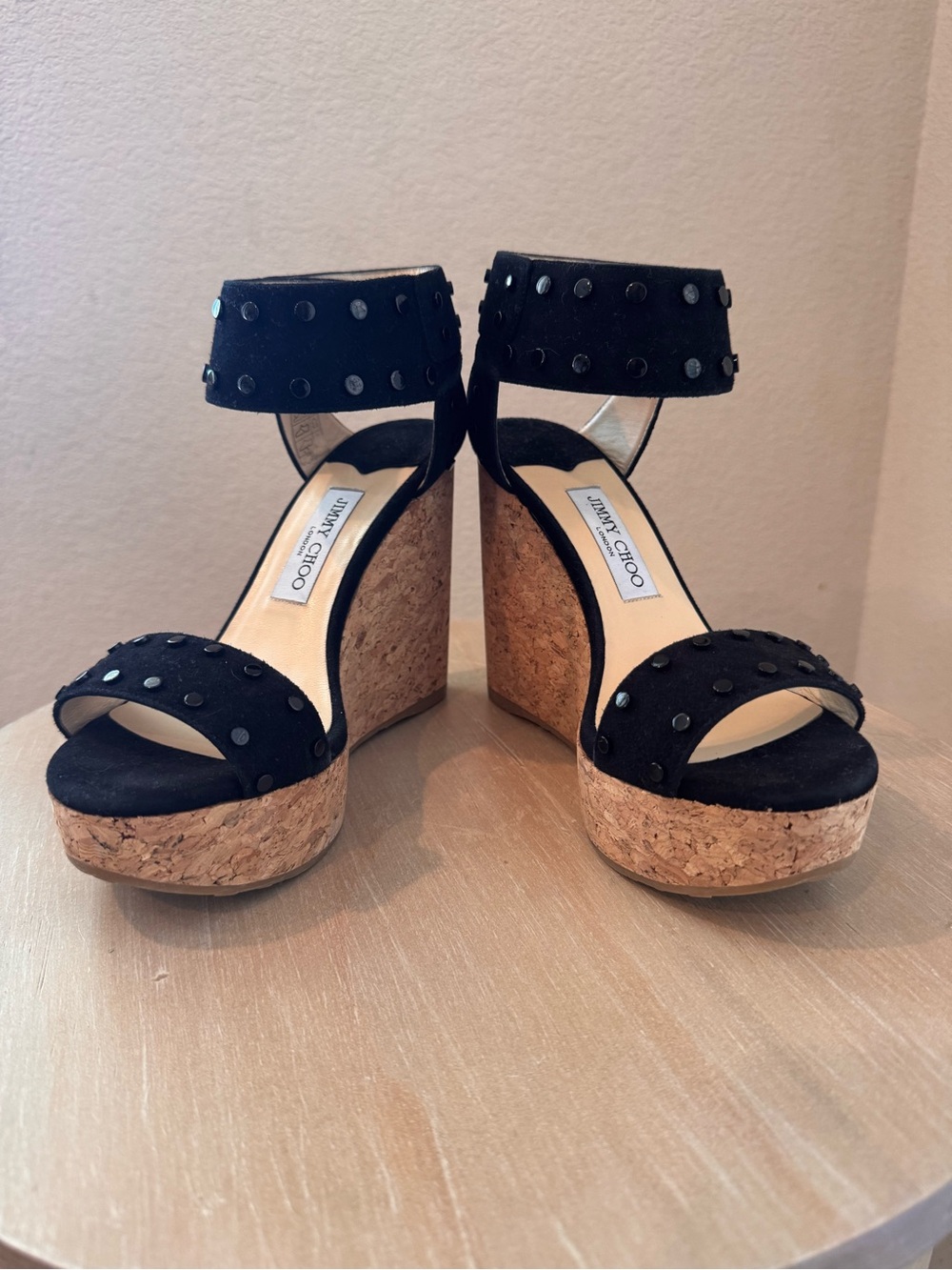 Jimmy Choo Nelly 120 Black Suede Studded Cork Wedge Sandals - EU 37 - NIB - $695
